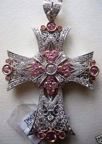 Pink Sapphire & White Diamond Cross Pendant 18k White Gold 2 1/2" Long (New)
